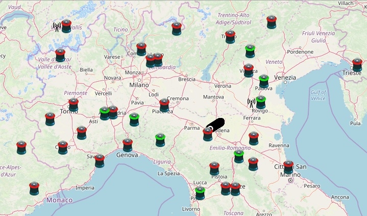 Carte des caméras du réseau FRIPON/PRISMA ayant enregistré le phénomène (en vert celles qui l’ont détecté)