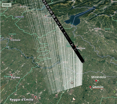 Trajectoire atmosphérique du bolide du 1er Janvier 2020 calculée à partir des enregistrements vidéo des caméras du réseau FRIPON/PRISMA.