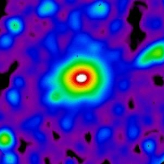 Image en fausses couleurs des rayons X issus de l'amas lointain RXJ1120, qui a été observé par le satellite XMM-Newton dans le cadre du XMM Omega project. Cet amas de galaxies est vu tel qu'il était il y a environ sept milliards d'années, la moitié de l'âge actuel de l'Univers.

© P.Marty, IAS, Orsay.[...]