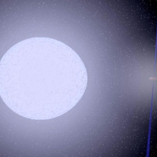 Image de synthèse de la nouvelle source de rayons gamma : l'étoile (à gauche) et le trou noir ou l'étoile à neutrons (à droite), beaucoup plus compact. Cette image a été créée en utilisant un logiciel libre de Rob Hynes.

©  CNRS/Guillaume Dubus.[...]