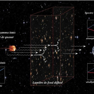 Illustration de l'effet de la lumière diffuse sur les rayons gamma provenant d'un quasar lointain, avant leur arrivée sur Terre. 

Une fraction des rayons gamma sont absorbés lors des collisions avec les photons du EBL, qui est produit par toutes les étoiles et les galaxies de l'Univers. Si la densité des photons du EBL est grande (figure du haut), l'absorption est grande et les rayons gamma les plus énergétiques sont perdus. La distribution de l'énergie des rayons gamma (ou spectre) est alors fortem[...]