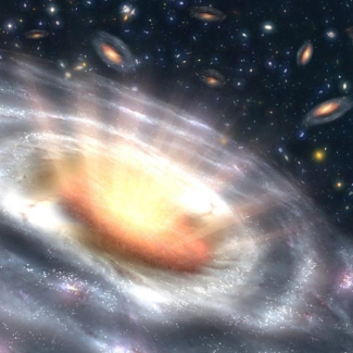 Vue d'artiste d'une galaxie hébergeant un trou noir central supermassif.

Le gaz galactique est accrété par le trou noir central, qui devient un quasar actif émettant un intense rayonnement X. Selon le contenu en gaz et poussières de la galaxie, l'angle d'inclinaison sous lequel la galaxie est observée, ce rayonnement peut être absorbé, et donc indétectable depuis la Terre. Mais la poussière chauffée émet alors un intense rayonnement infrarouge : c'est la découverte de ce rayonnement dans les observa[...]