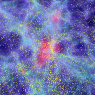 Image tirée d'une simulation numérique de la formation des grandes structures de l'Univers.

Cette image montre un échantillon de 100 millions d'années-lumière et le résultat du mouvement des galaxies glissant vers la plus grande concentration de masse au centre. Les couleurs mettent en évidence la densité de la masse de chaque zone : en rouge les régions les plus denses et en noire les moins denses. La ligne jaune indique l'intensité et la direction de la vitesse des galaxies. On peut ainsi mesurer [...]