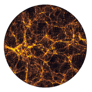 Distribution actuelle de la masse dans l'Univers reproduite par ordinateur. La plus grande partie de la masse se présente sous la forme de matière sombre et froide. La matière lumineuse (galaxies) s'organise en grandes structures formées de murs et de filaments d'extension gigantesque mais d'épaisseur relativement faible.

© Observatoire de la Côte d'Azur. CNRS.[...]