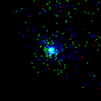 <p>Cette image de GRB 080916C (60 degr&eacute;s de c&ocirc;t&eacute;) a &eacute;t&eacute; obtenue par le &quot;Large Area Telescope&quot; de Fermi dans les 100 secondes qui ont suivi son apparition le 16 septembre 2008 &agrave; 00:12:45 UT. Les points color&eacute;s repr&eacute;sentent les rayons gamma de diff&eacute;rentes &eacute;nergies : moins de 100 millions d'eV (points rouges), 100 millions &agrave; 1 milliard d'eV (points verts), plus de 1 milliard d'eV (points bleus). La lumi&egrave;re visible[...]