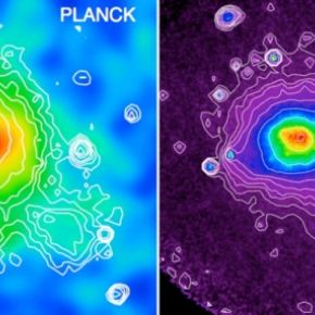 L'amas proche Coma, bien étudié, est très chaud. Il présente une émission forte dans le domaine des rayons X (image de droite) obtenue avec le satellite ROSAT, ainsi qu'un effet SZ fort et étendu (image composite multi-fréquences de gauche) obtenue avec Planck. ©ESA, Planck HFI & LFI consortia, ROSAT.
[...]